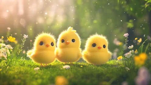 Fluffy baby chicks bask in dreamy sunlight of spring meadow