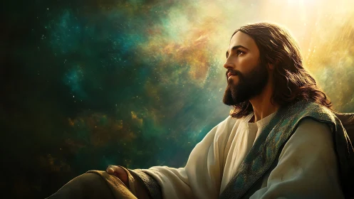 Reverent robed figure in celestial light, rendered photorealistically