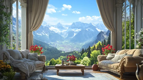 Interior seating area frames distant alpine mountain landscape