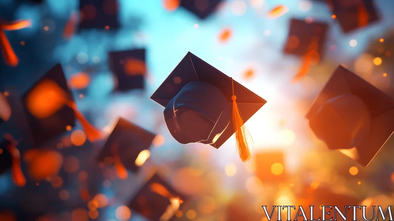 Graduation caps flying in the air, vibrant celebratory atmosphere.