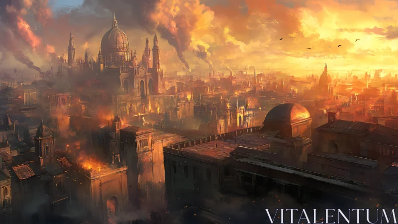 Burning domed city glows beneath turbulent sunset sky