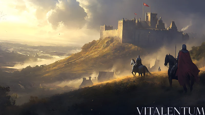 Armored riders approach hilltop stone fortress at dusk.