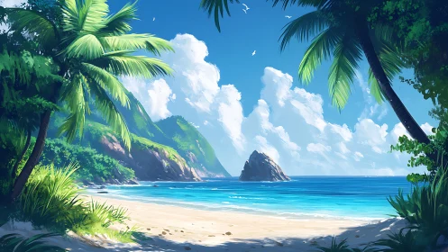 Tropical Beach Cove with Palm Framing and Distant Island.