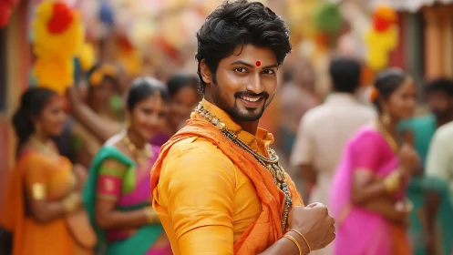 Smiling man in orange attire stands sharply focused at festival