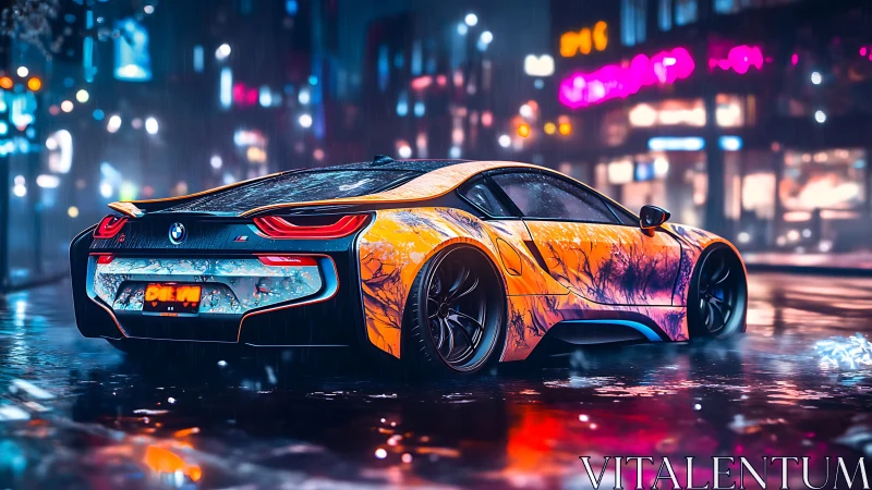 Neon-wrapped sports car glows against a rainy cyberpunk city