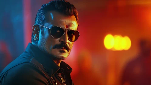 Tough man with sunglasses stands in neon cinematic lighting