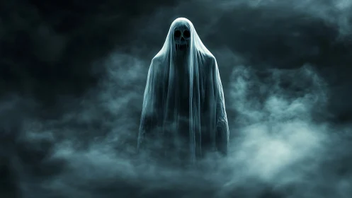 Gentle ghostly wanderer drifting through silver fog.