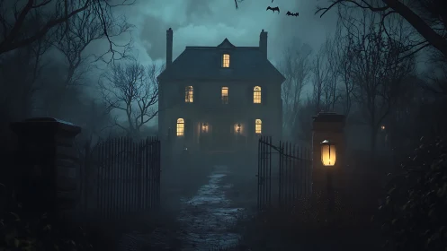 Mysterious old manor glowing softly through misty night.