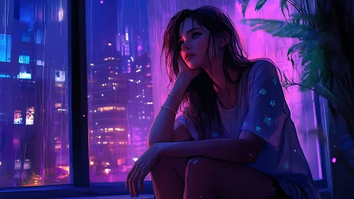 Solitary figure at window in neon-lit urban nightscape.