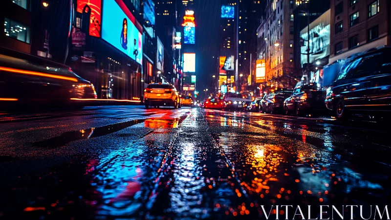 Rain soaked city street reflects neon traffic lights at night