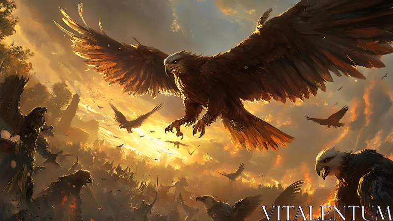 Majestic Eagles in Fiery Sunset Battle Scene, Digital Fantasy Art.