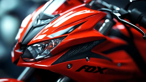 Red sport motorcycle front fairing and headlight closeup.