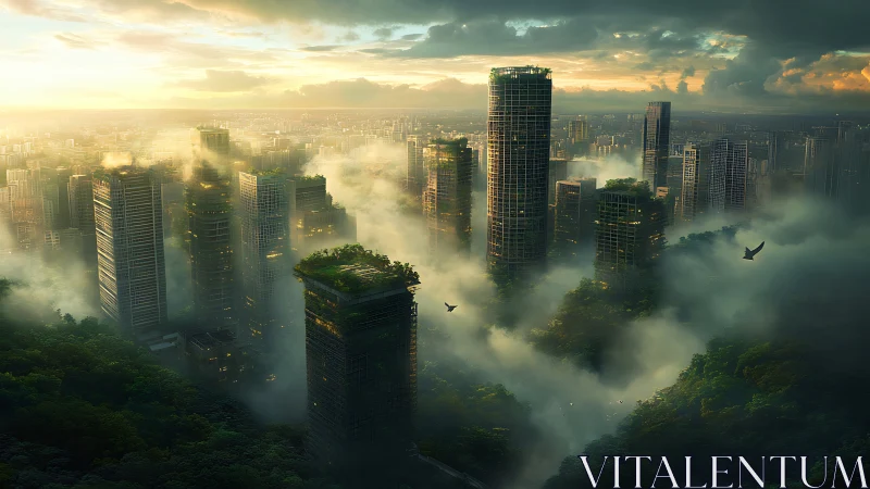 Misty green skyscraper city where nature softens the skyline.