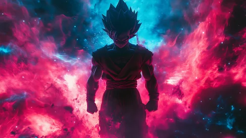 Cosmic warrior silhouette emerges from radiant nebula storm.