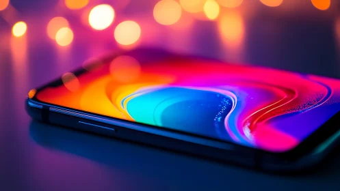Neon holographic smartphone display with flowing gradient abstract design