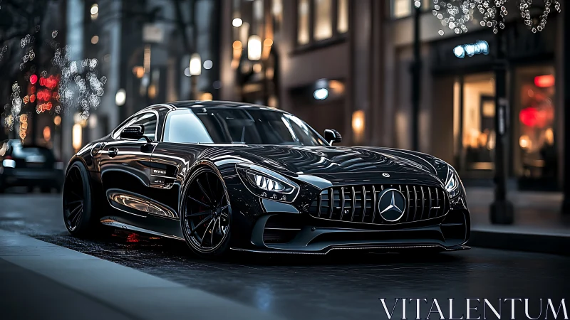 Sleek black Mercedes coupe gleams under vibrant city lights