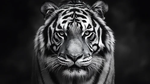 Monochrome tiger portrait in high-contrast photorealism.