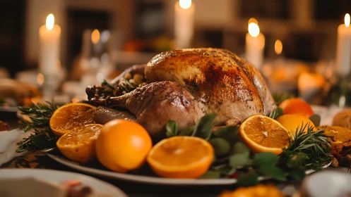 Golden roasted turkey surrounded by citrus and candlelight.