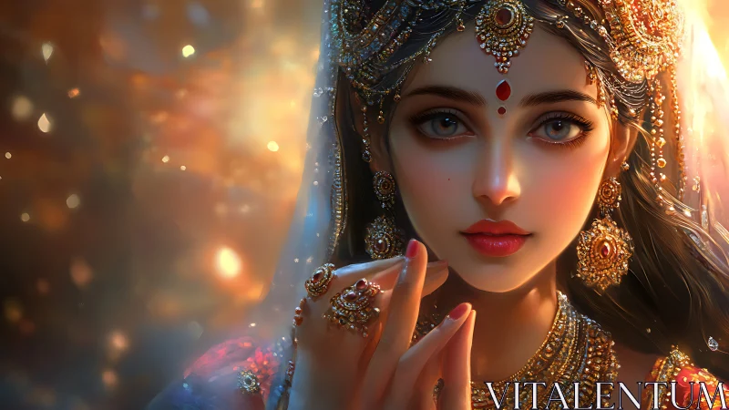 Radiant jewel-encrusted portrait with volumetric bokeh lighting