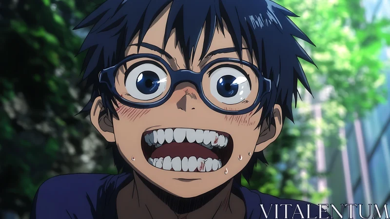 Close-up anime portrait shows startled boy with glasses and sweat