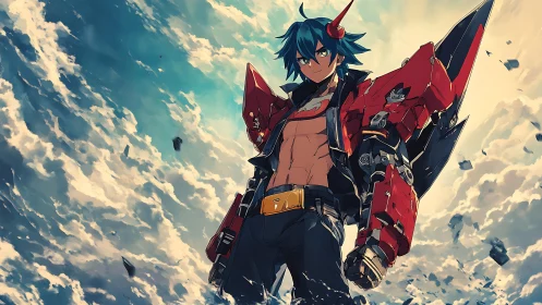 Mecha-armed anime warrior stands against dynamic cloudscape sky