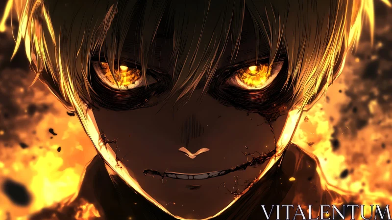 Intense anime character portrait with burning background.