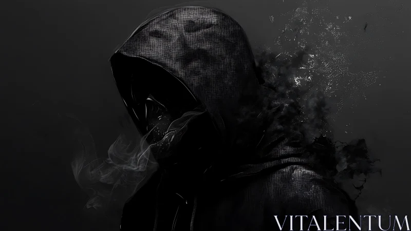 Shrouded hooded figure dissolving into smoke and shadow.