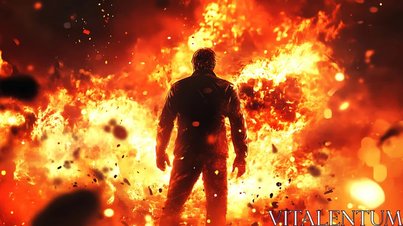 Silhouette standing amid explosive inferno