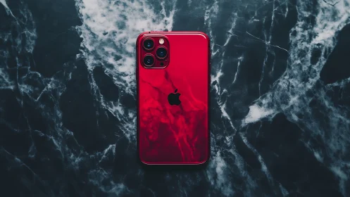 Red iPhone 12 Pro positioned on dark marble surface