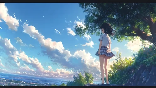 Anime girl overlooks coastal city under expansive cloudscape