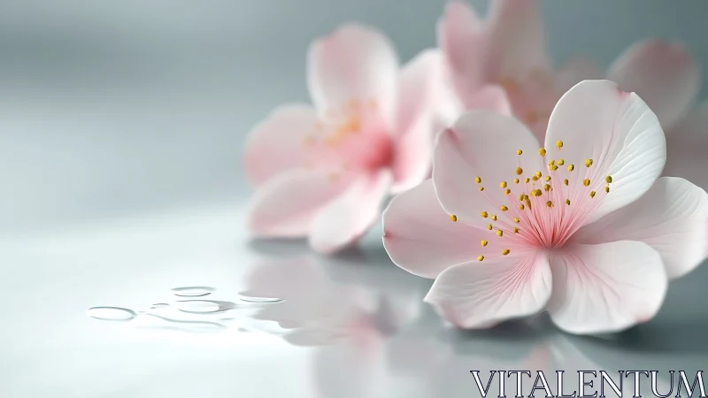 Pink and white blossoms with water droplets on neutral surface
