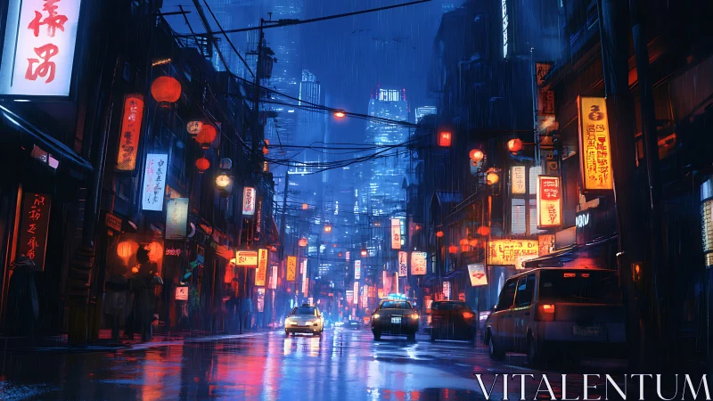 Rain-soaked neon alleyway renders cinematic cyberpunk transit