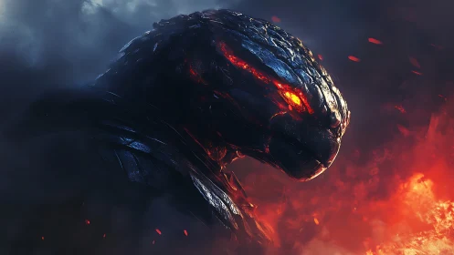 Inferno-shelled titan rises from smoke with molten gaze.