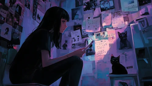 Digital painting of girl and black cat in neon-lit study corner.