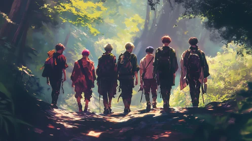 Sunlit forest trail welcomes a close group of young hikers