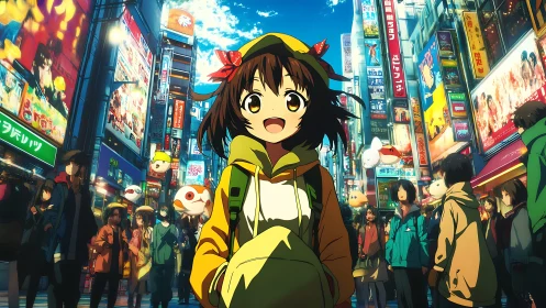 Joyful girl wandering vibrant neon anime city street.