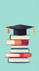 Graduation cap atop stacked books on teal minimalist field.