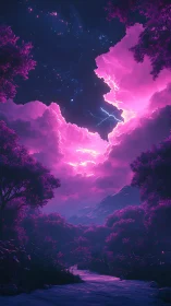 Nocturnal nebula storm over bioluminescent river valley.