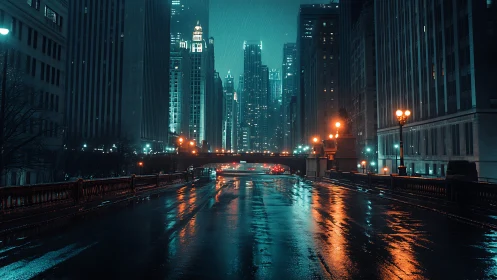 Empty wet city street reflects teal and orange night lights