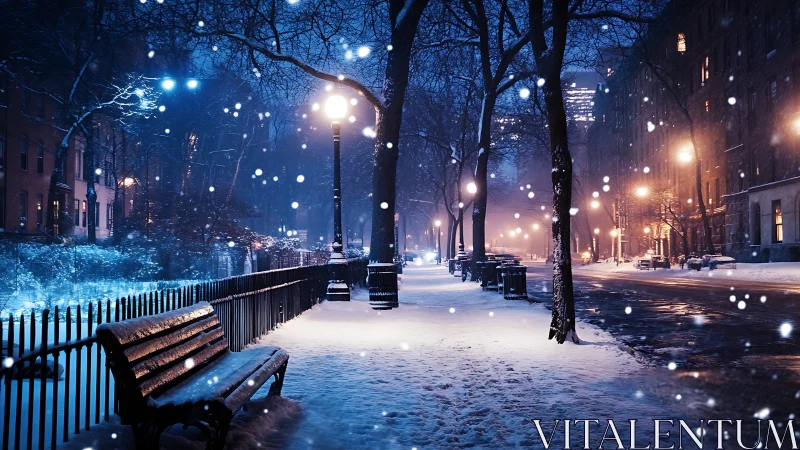 Gentle snowfall softens a quiet city street into calm magic