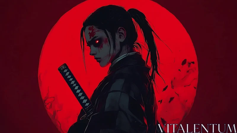 Silent warrior stands firm before a haunting crimson moon