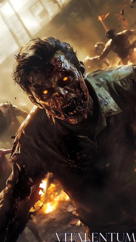 Decayed humanoid figure advancing in burning urban street.