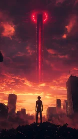Solitary figure confronts red monolithic portal above ruined city