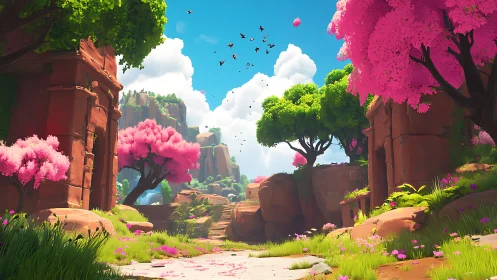 Blossom canyon gateway where ancient stone dreams in pink.