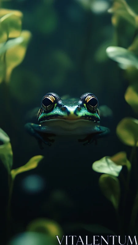Underwater frog portrait amid soft aquatic foliage.