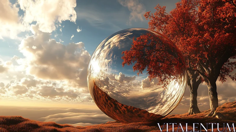 Reflective sphere mirrors autumn trees and surreal sky.