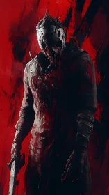 Masked figure holds bladed weapon against red abstract field