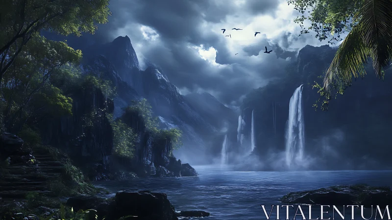 Cascading Waterfalls in Misty Valley with Tempestuous Sky