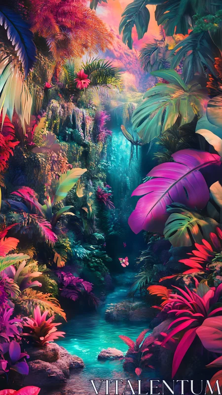 Neon jungle gorge glows around a tranquil turquoise stream.
