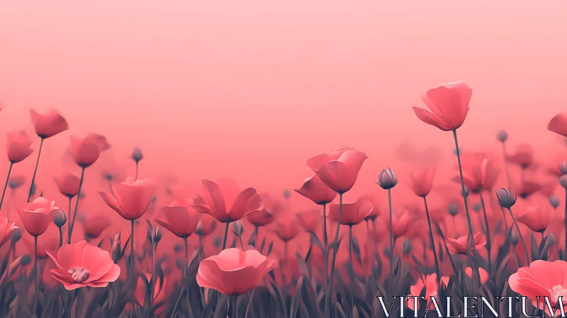 Monochromatic poppy field rendered with soft depth-of-field gradients